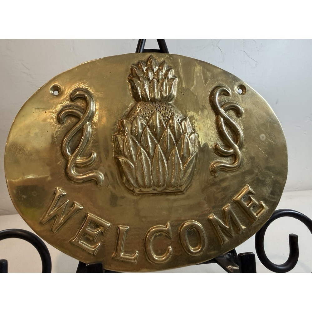 Vintage Solid Brass Welcome Sign Oval Embossed Pineapple Entryway Wall Plaque - Picture 8 of 8